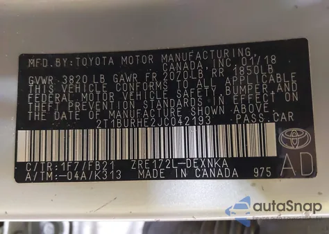 2018 Toyota Corolla Le from USA, damaged, VIN 2T1BURHE2JC042193